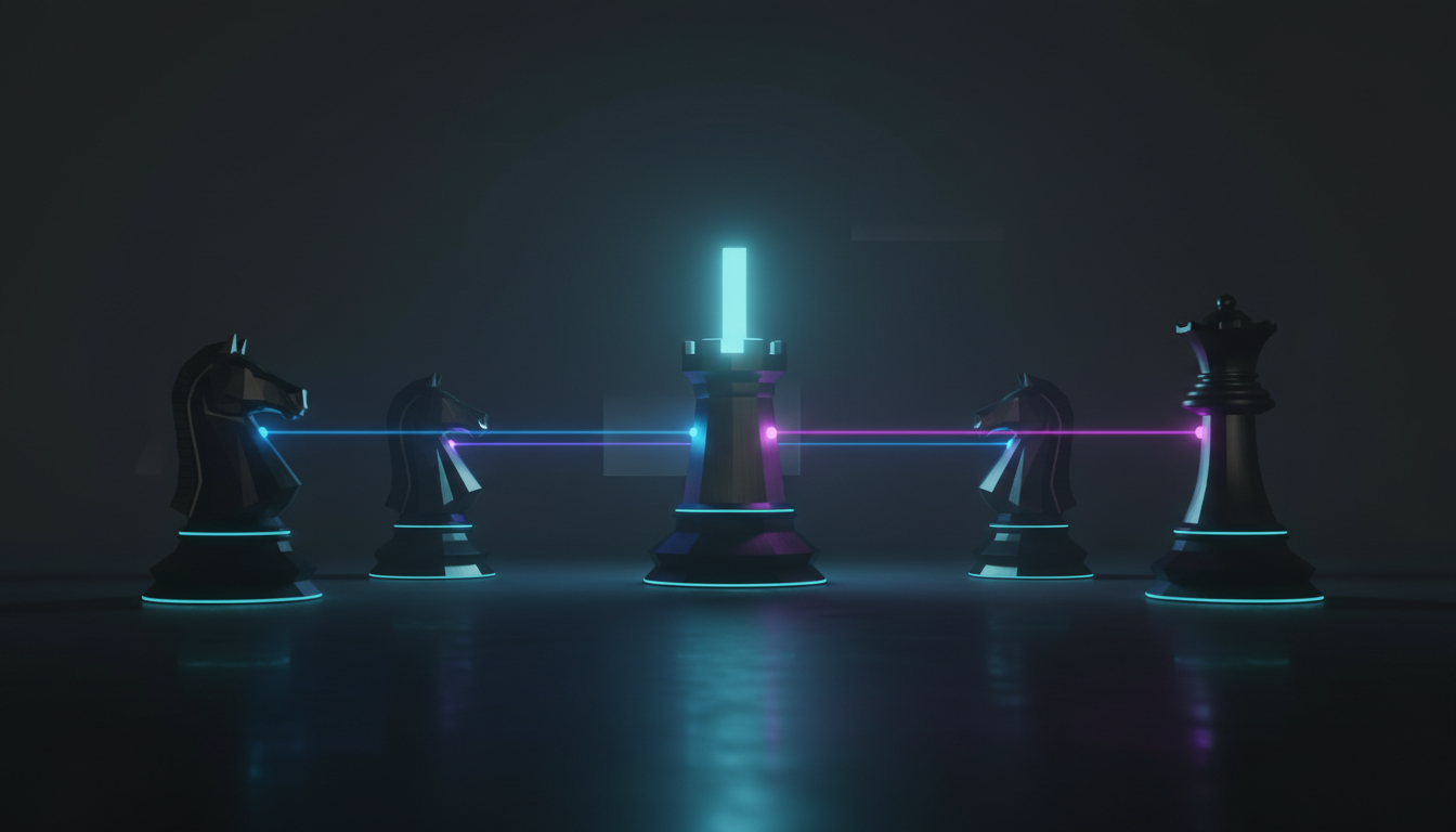 Cinematic, ultra-realistic 3D render visualizing ensemble verification: five modern, monolithic chess pieces in a dark atmosp