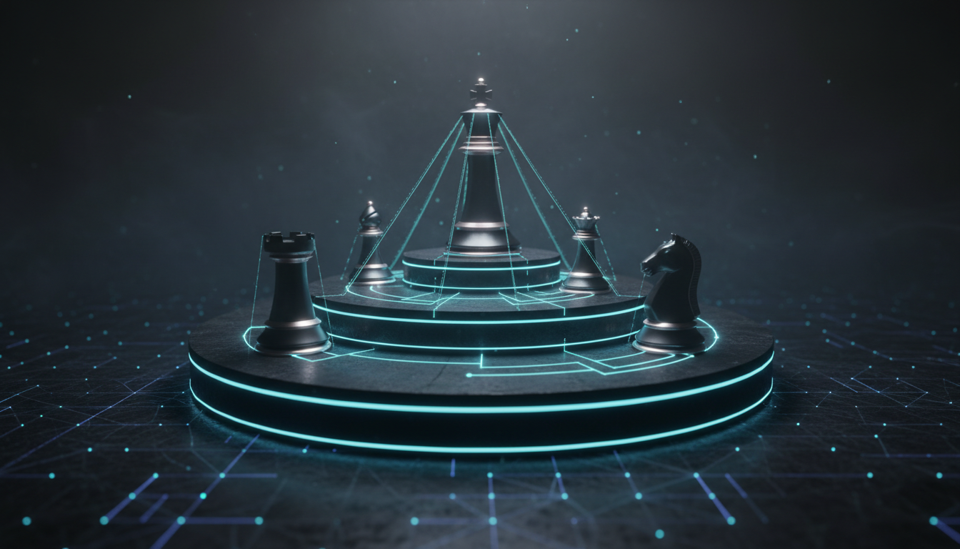 A cinematic, ultra-realistic 3D render of a three-tier circular plinth in a dark, atmospheric space, each tier representing a