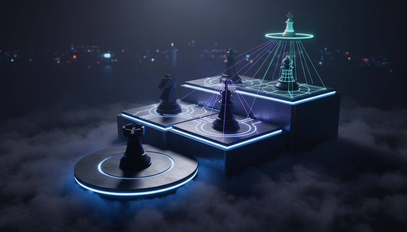 Cinematic, ultra-realistic 3D render of a five-tier stack visualized as ascending, minimalist platforms, each hosting a singl