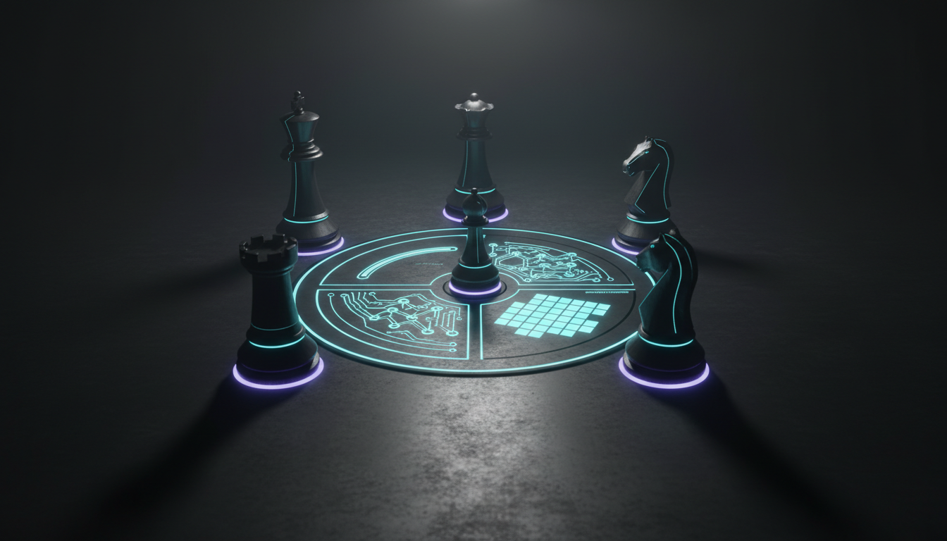 A cinematic, ultra-realistic 3D render of five modern, monolithic chess pieces standing around a circular map; heavy matte bl