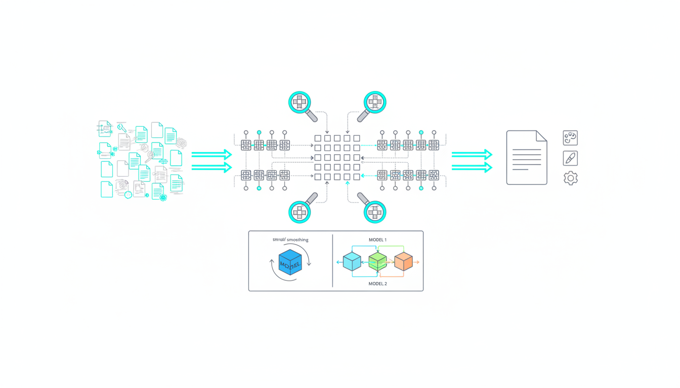 Sequential workflow technical illustration on white background: left panel labeled implicitly by iconography (many small docu