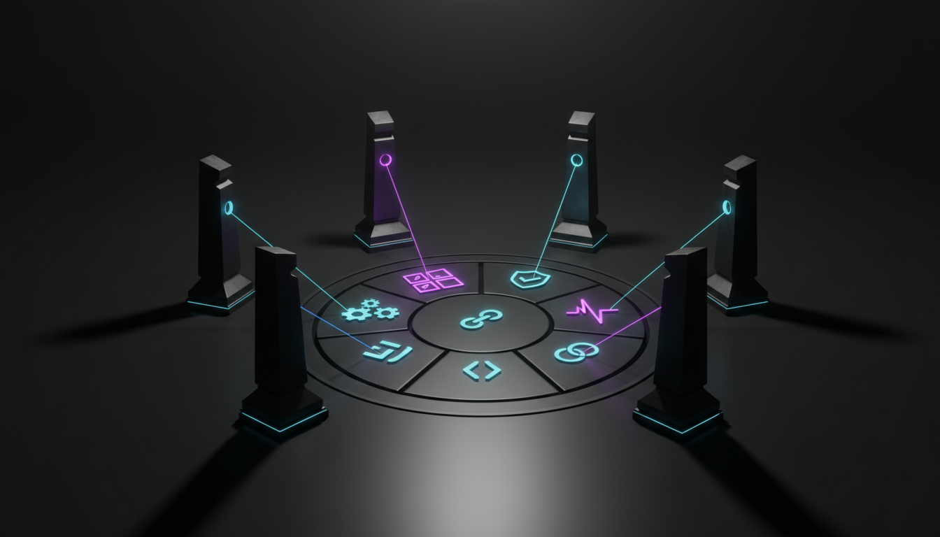 A cinematic, ultra-realistic 3D render of five modern, monolithic chess pieces standing around a circular map, materials in h