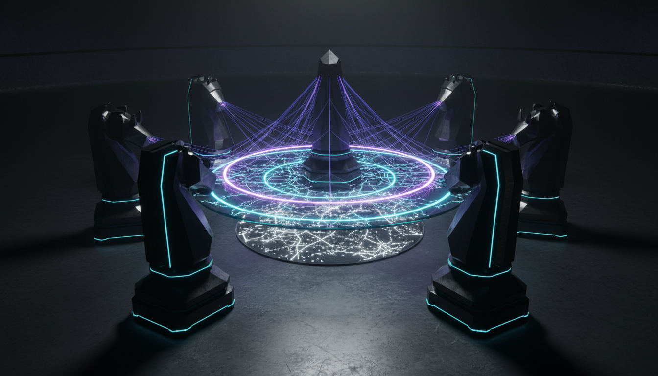 True multi-model chat system visualization: five monolithic obsidian-and-tungsten chess pieces encircle a circular glass map.