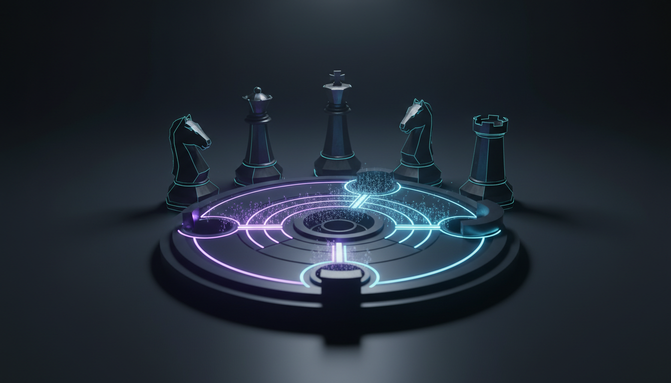 A cinematic, ultra-realistic 3D render of five modern, monolithic chess pieces standing guard around a circular map reimagine
