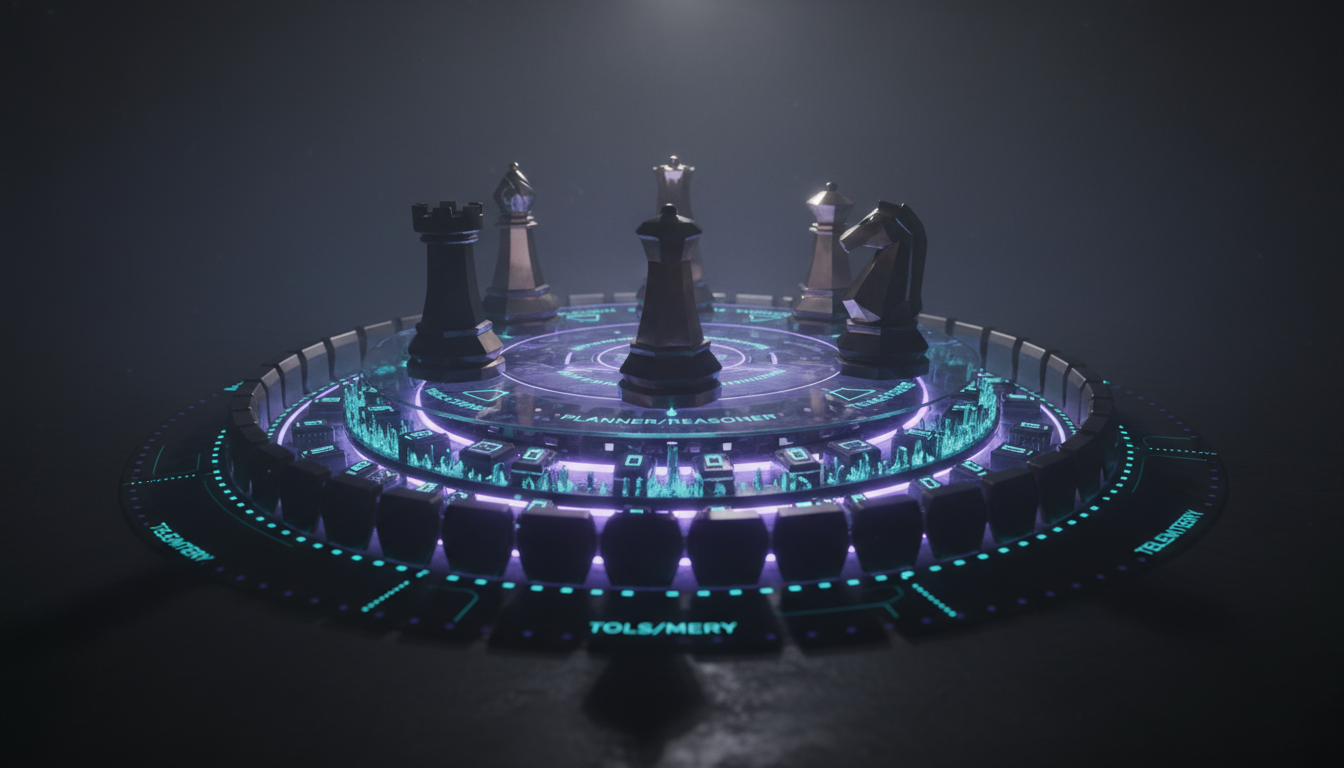 Cinematic, ultra-realistic 3D render tailored to “Understanding The Core Agent Stack”: five modern obsidian/tungsten chess pi