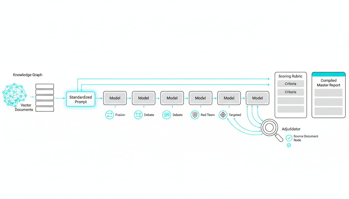 Panoramic left-to-right technical illustration of a multi-LLM evaluation pipeline: on the far left, a knowledge-graph sphere 