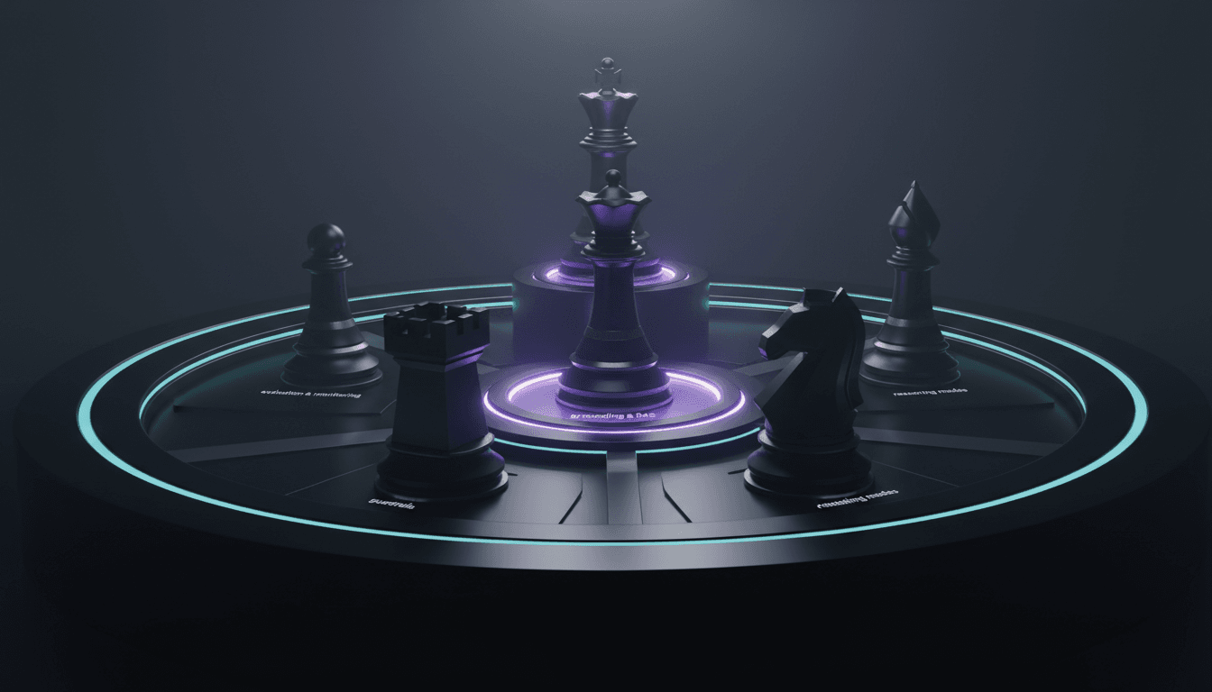 A cinematic, ultra-realistic 3D render of exactly five modern, monolithic chess pieces arranged to visualize the mitigation l