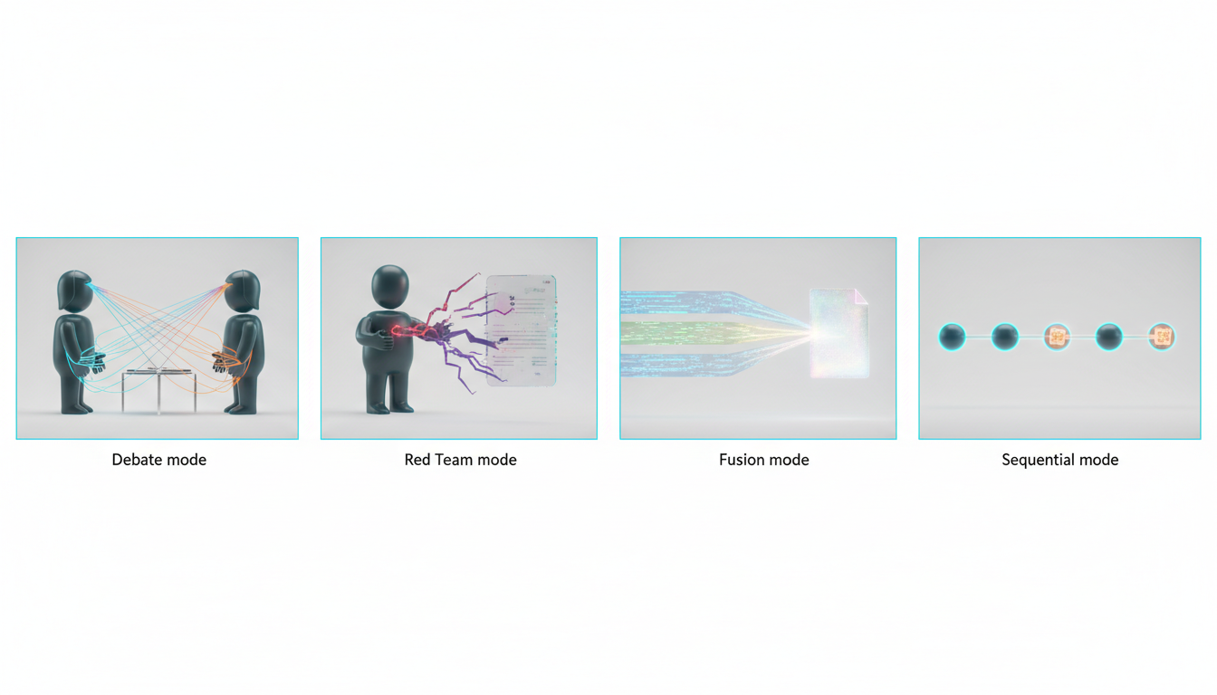 Panoramic professional 3D scene composed of four adjacent micro‑scenes (no visible text) that map to orchestration patterns: