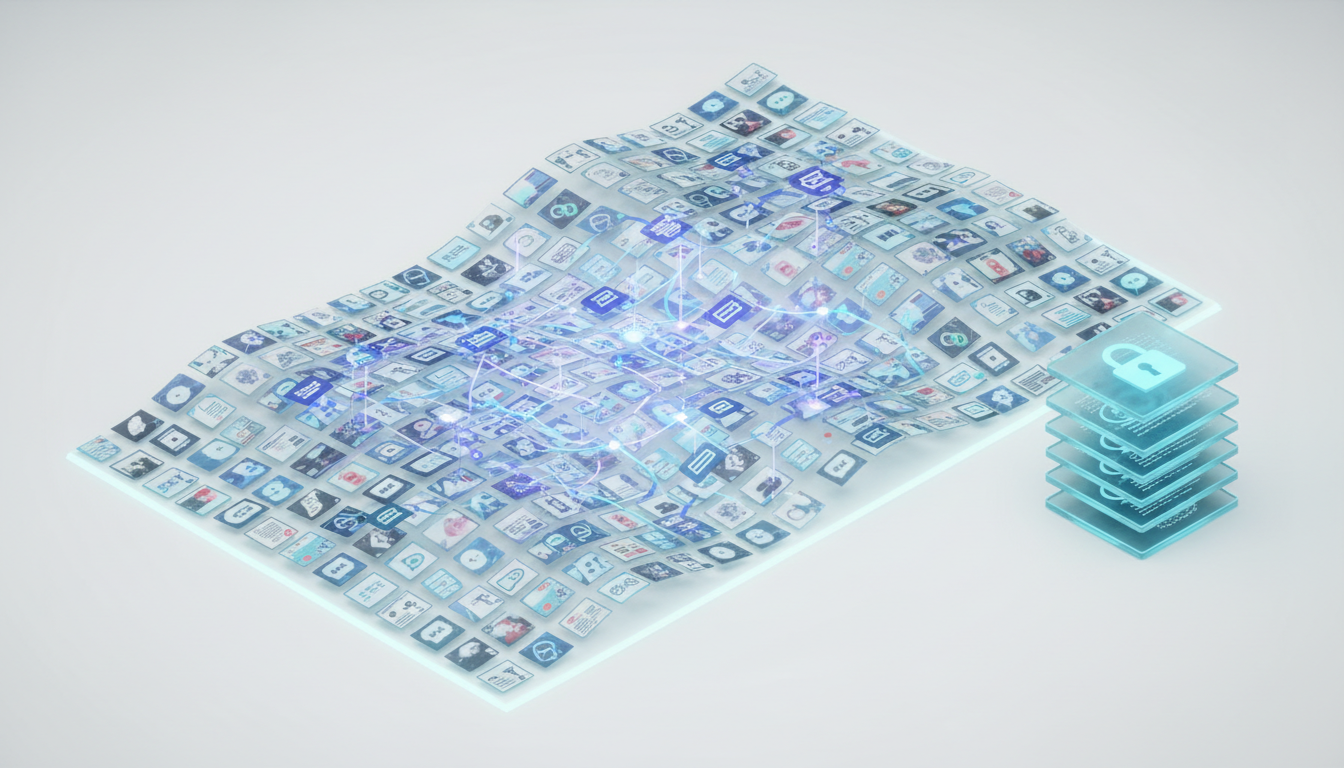 High‑detail isometric 3D illustration of Context Fabric and provenance: a woven translucent fabric formed from tiny document