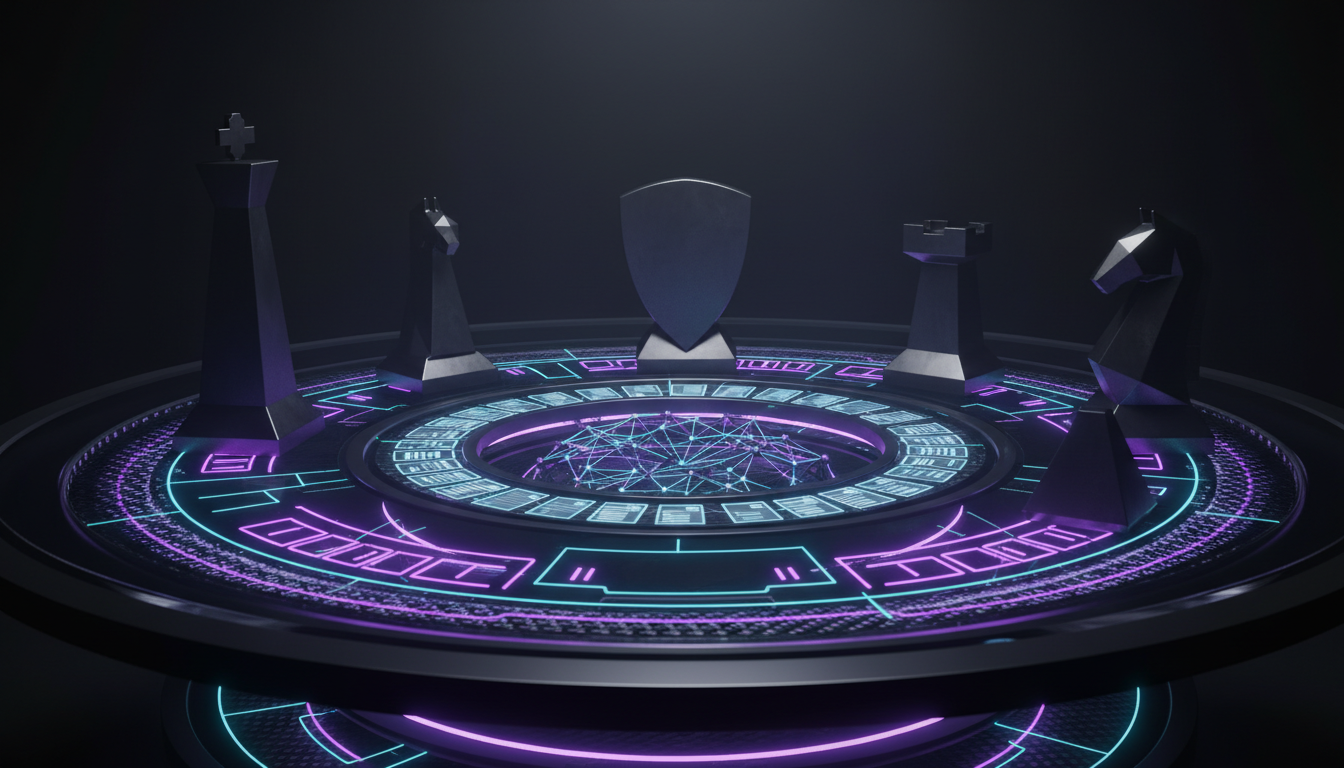 A cinematic, ultra-realistic 3D render of five modern, monolithic chess pieces standing around a circular map-table whose gla