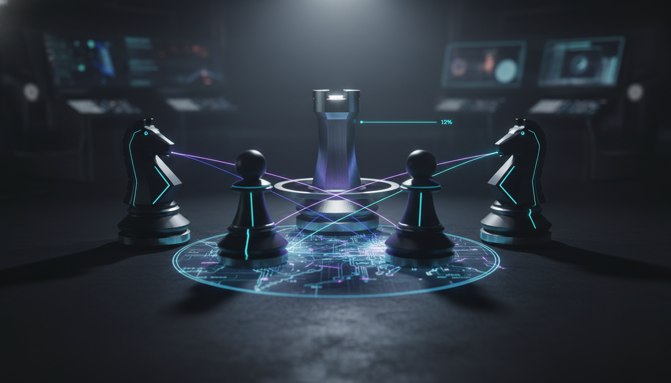 Cinematic, ultra-realistic 3D render illustrating multi-model debate and judging: five monolithic, modern chess pieces in mat