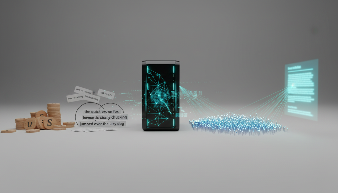 A conceptual still-life that depicts 'What NLP Means in the LLM Era': an artfully arranged pipeline across a neutral studio b