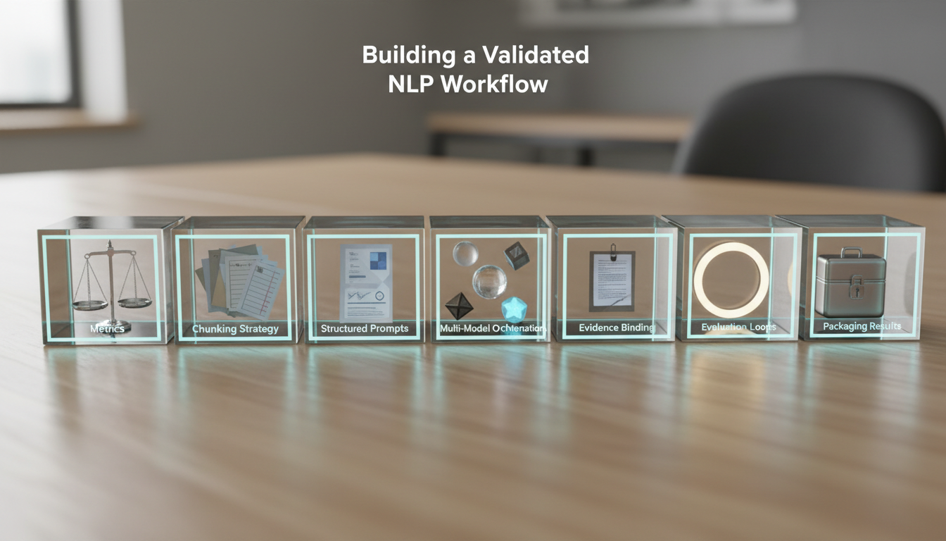 A focused overhead photo that uniquely illustrates 'Building a Validated NLP Workflow' as a seven-stage tangible chain: seven