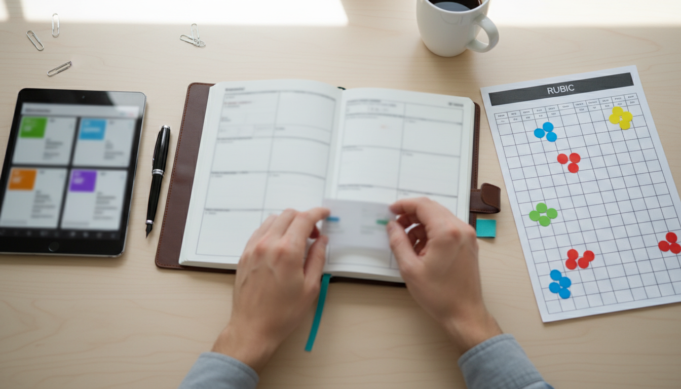 Operationalizing Development — overhead photograph of a tidy professional desk where evidence becomes usable: an open leather