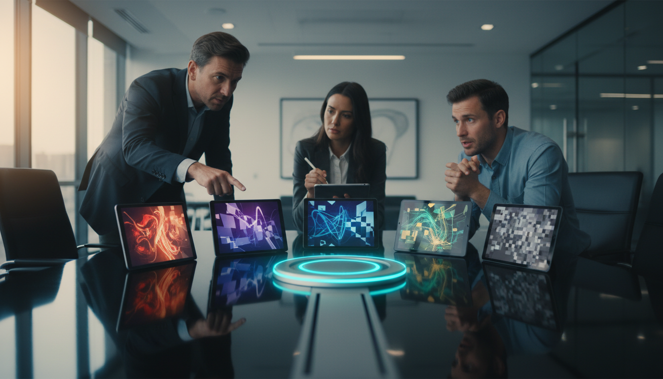 Reducing Bias Through Multi‑AI Orchestration — conference table scene in a modern office: five small screens/tablets arranged