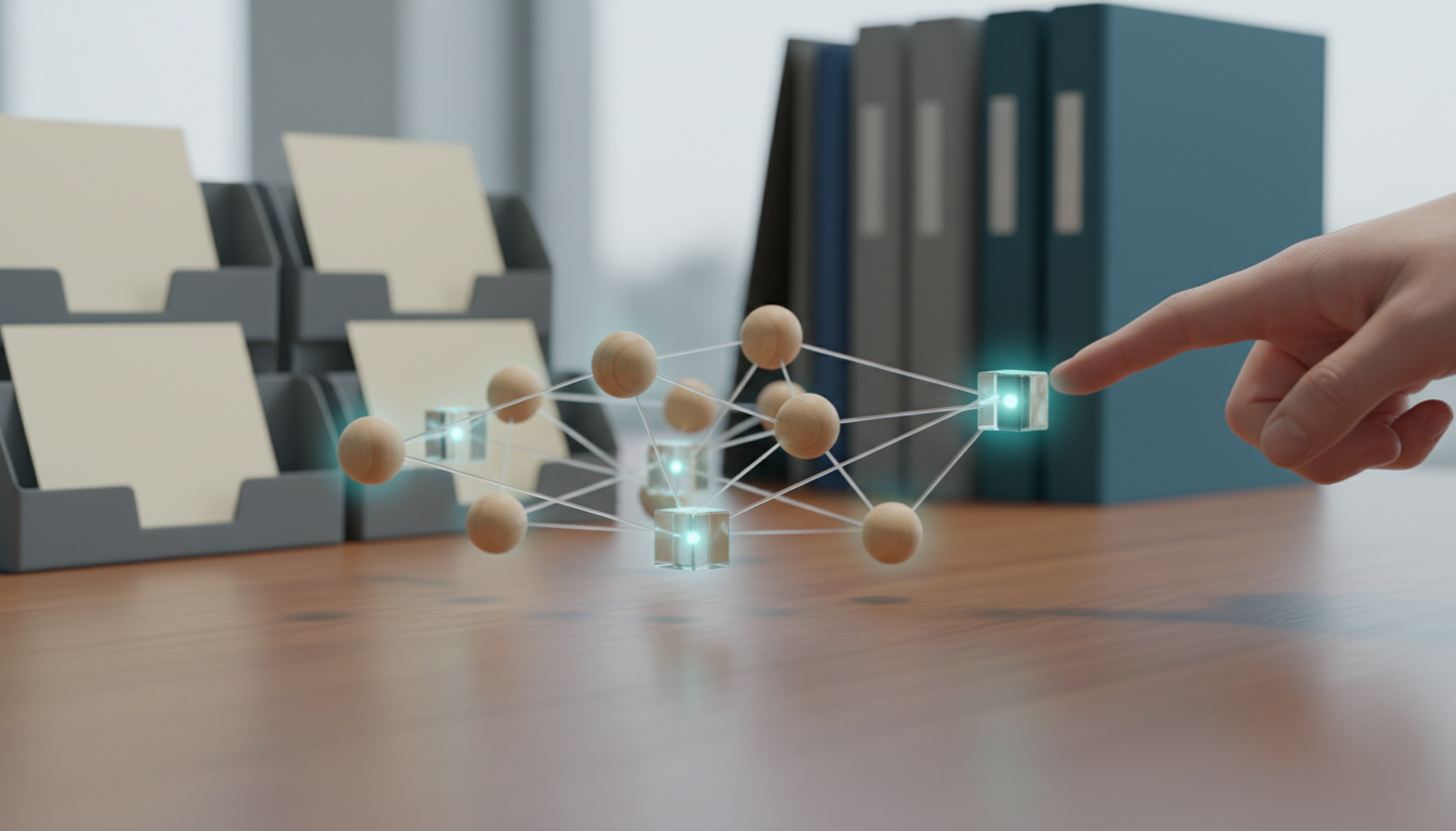 Context & Knowledge Management — close-up, shallow depth of field shot of a desktop knowledge graph model: tactile wooden and