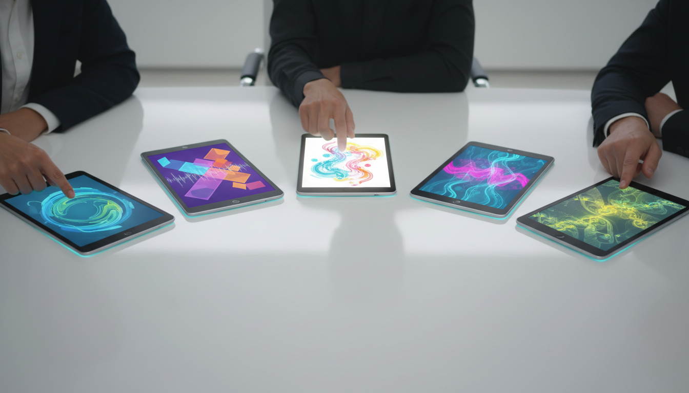 Multi-Model Orchestration — modern boardroom-style photograph: five sleek tablets arranged in an arc on a glossy white table,