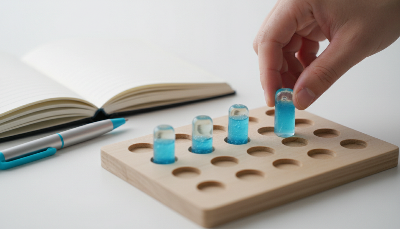 Evaluation: The Missing Step — intimate close-up photo of a tabletop evaluation setup: a wooden grid board with five columns 