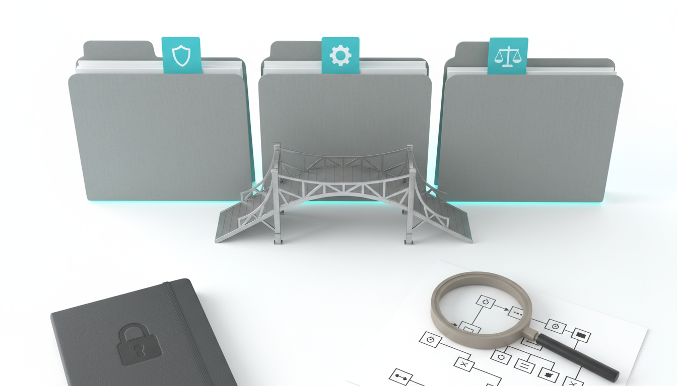Top-down editorial desk scene visualizing harmonized frameworks: three neatly arranged archival folders distinguished by icon