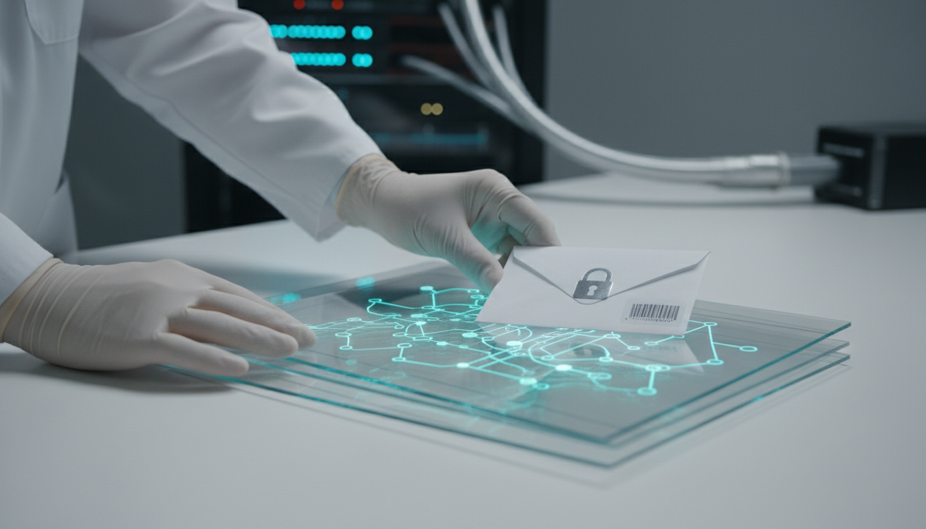 Close-up, hands-in-frame arranging translucent layered dataset sheets on a white workbench to show data lineage and provenanc
