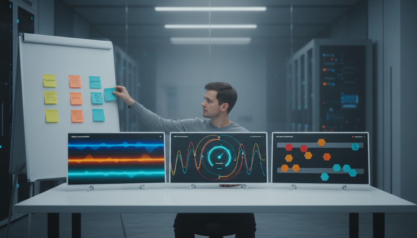 Operational command station for deployment, monitoring and human-in-the-loop governance: a reviewer at a clean white desk wit