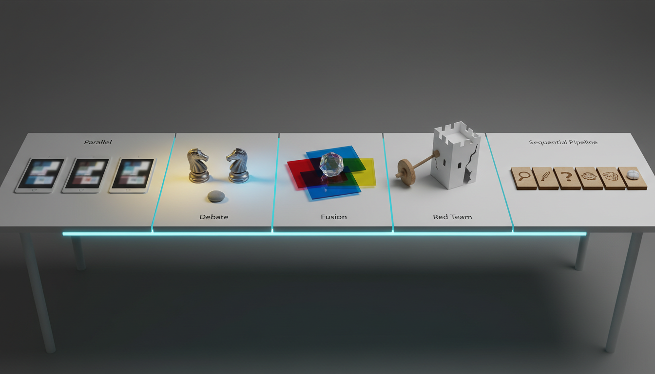 Overhead diorama-style photograph of a long white tabletop divided into five visually distinct zones representing the article