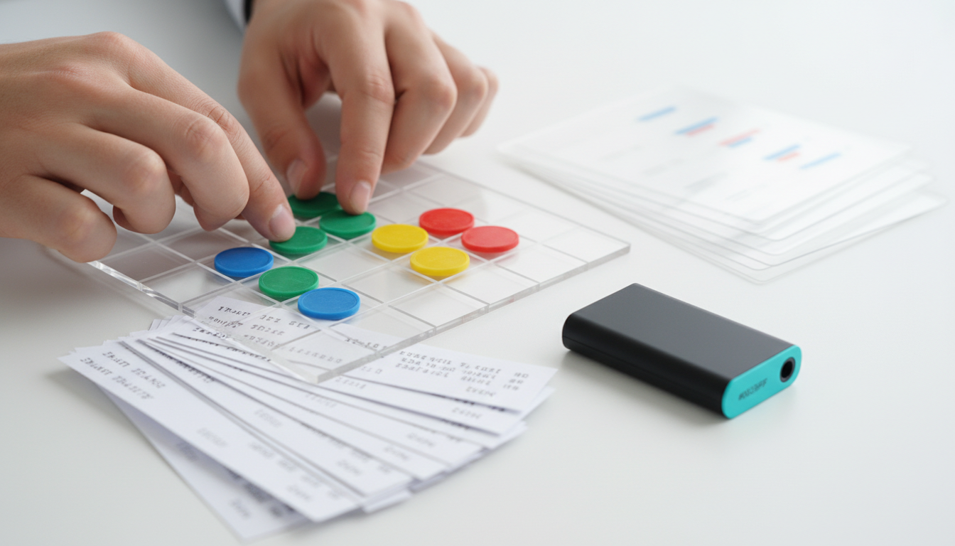 Close-up, hands-in-action photograph showing reliable orchestration tools: a pair of hands placing color-coded score chips on