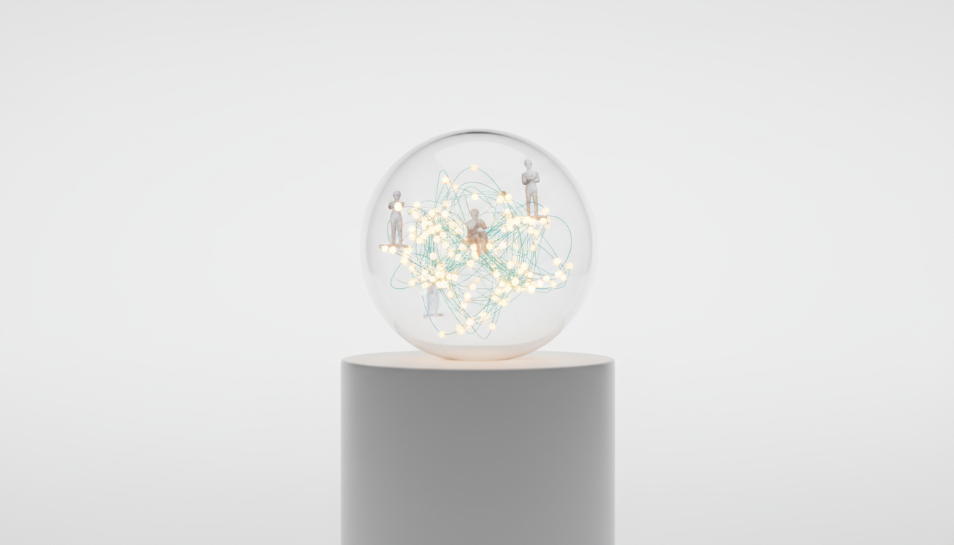 Artful studio photo of a small glass sphere sitting on a white pedestal that contains a miniature illuminated network: dozens