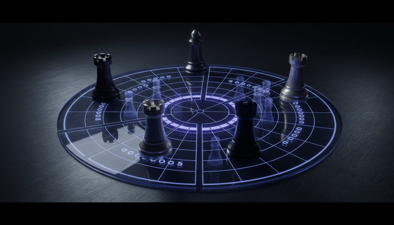 Cinematic, ultra-realistic 3D render illustrating an evaluation rubric and replication checklist: the same five monolithic ob