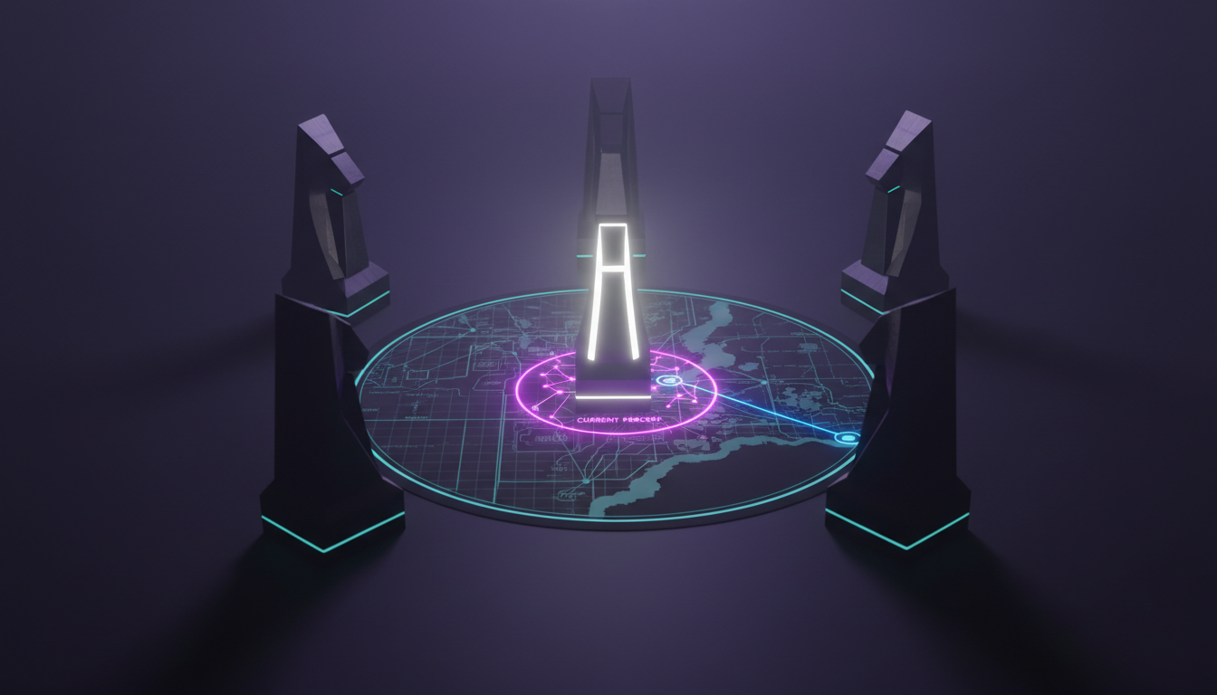 A cinematic, ultra-realistic 3D render of five modern, monolithic chess pieces in matte black obsidian and brushed tungsten e