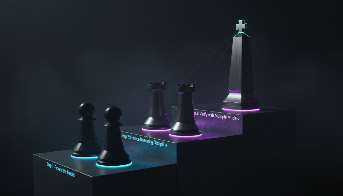 Cinematic ultra-realistic 3D render showing five modern, monolithic chess pieces arranged across three ascending platforms to