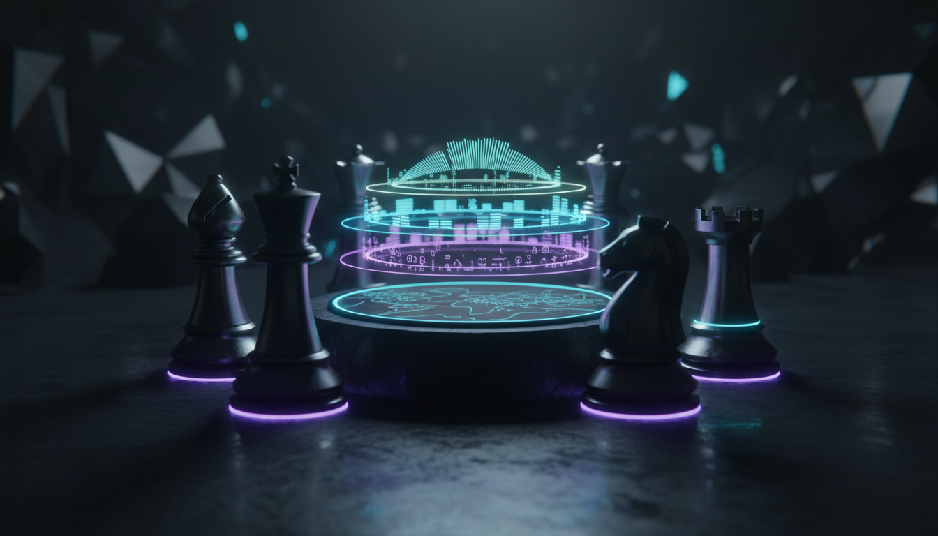 A cinematic, ultra-realistic 3D render of five modern, monolithic chess pieces surrounding a circular map, in matte black obs