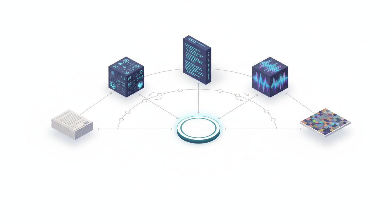 Isometric technical diagram of a '5-model AI boardroom' — five stylized model modules arranged in a semicircle around a centr