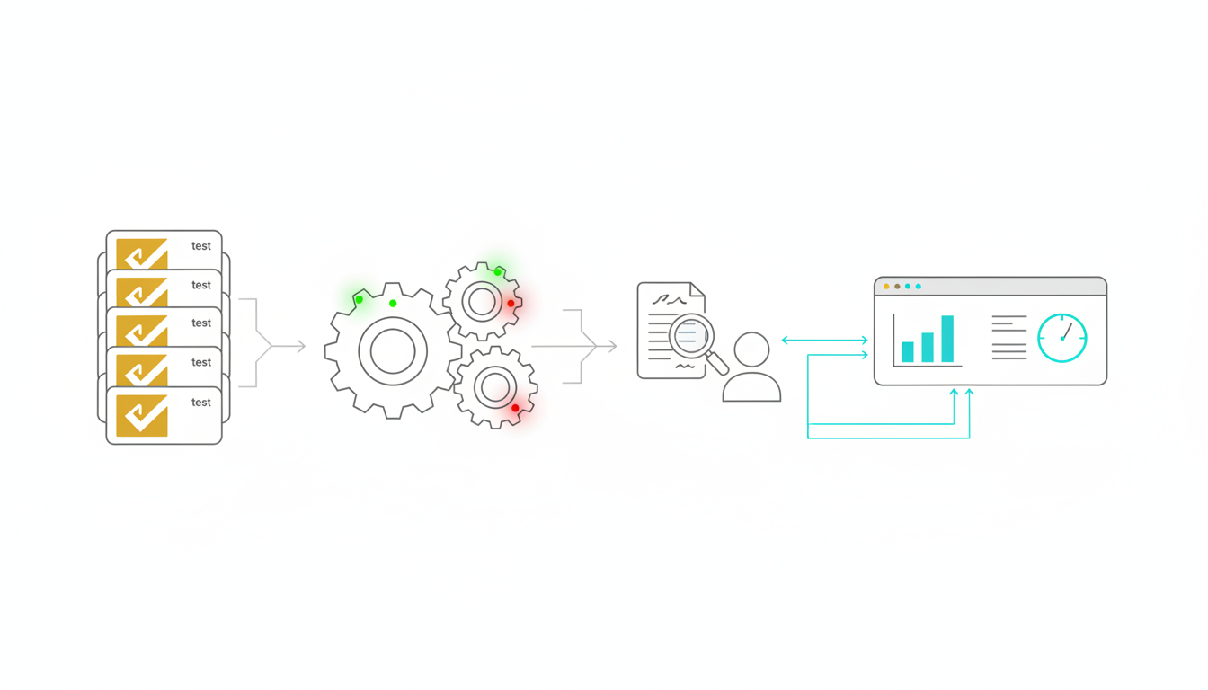 Layered technical flow-illustration showing an evaluation-first pipeline: leftmost stack of 'golden test' cards (clean rectan