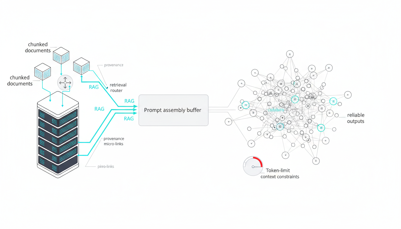 Schematic technical illustration of a retrieval-and-knowledge-graph data architecture: left side shows a vector database rack