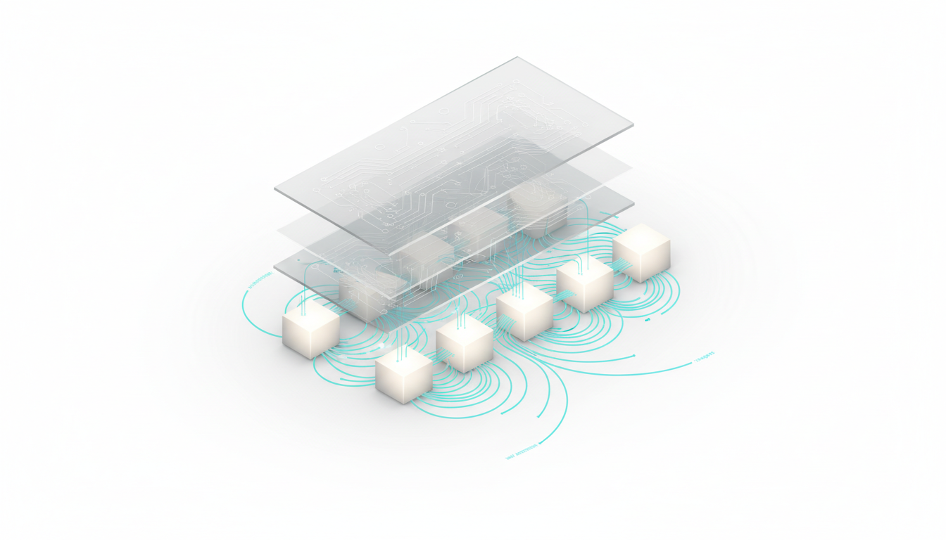 Isometric technical illustration of transformer architecture basics: a horizontal sequence of glowing token cubes connected b