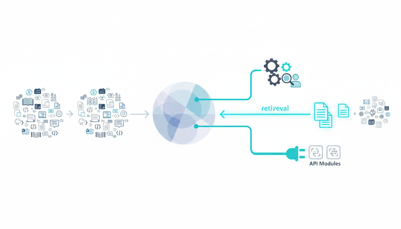 Pipeline illustration showing 'From Pretraining to Useful Systems': left side shows abstract piles of diverse source document