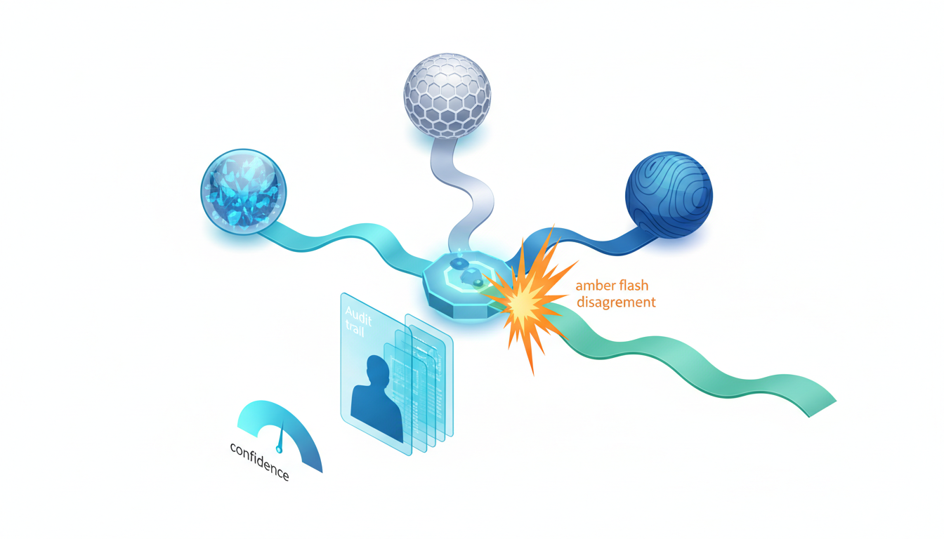 Verification and governance conceptual illustration: an orchestrated multi-model workflow where three visually distinct model