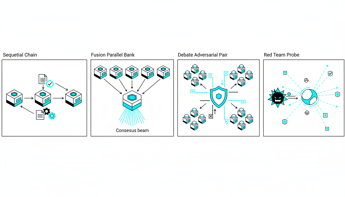 Core Orchestration Modes visualization — isometric technical diagram: four tightly composed panels blended into one scene (le