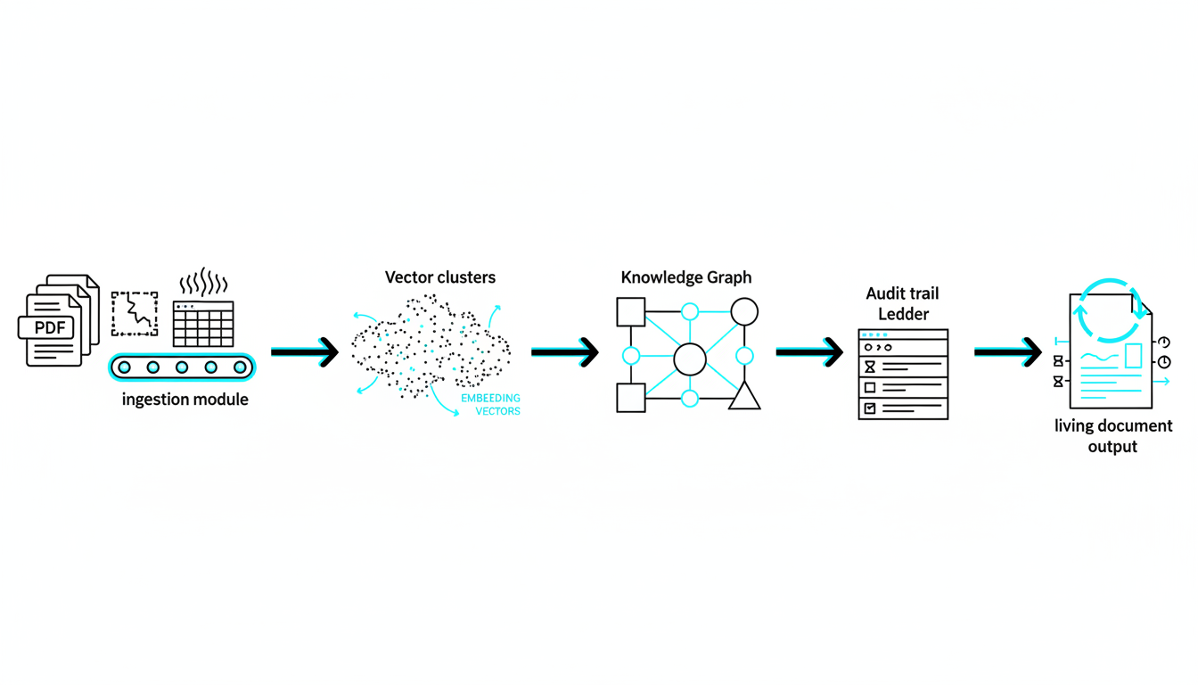 From Documents to Decisions pipeline — detailed stepwise scene: a left-to-right technical flow showing (left) a stack of vari