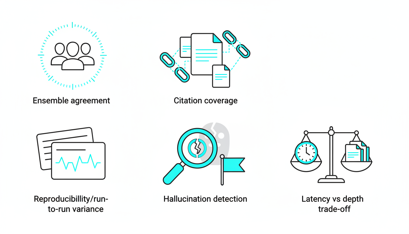 Reliability & Validation metrics panel — conceptual metric visualization: a polished technical snapshot of five distinct, non