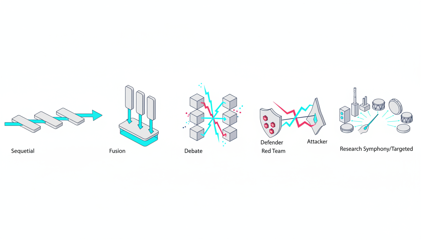 Isometric strip of five distinct mini-diagrams on a white field, each visually representing a different orchestration mode: (