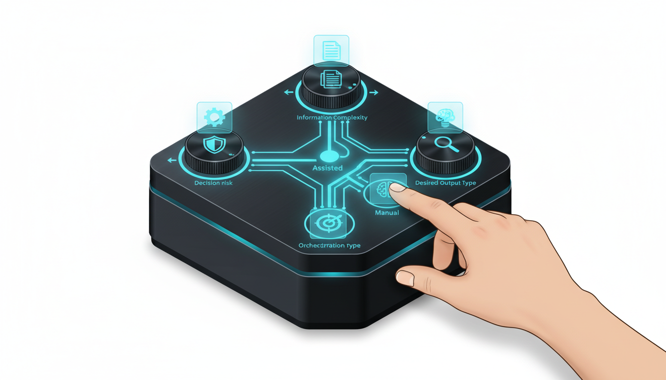 Isometric decision console on white background: three tactile dials arranged in a triangle (icon-only metaphors — a shield-sh