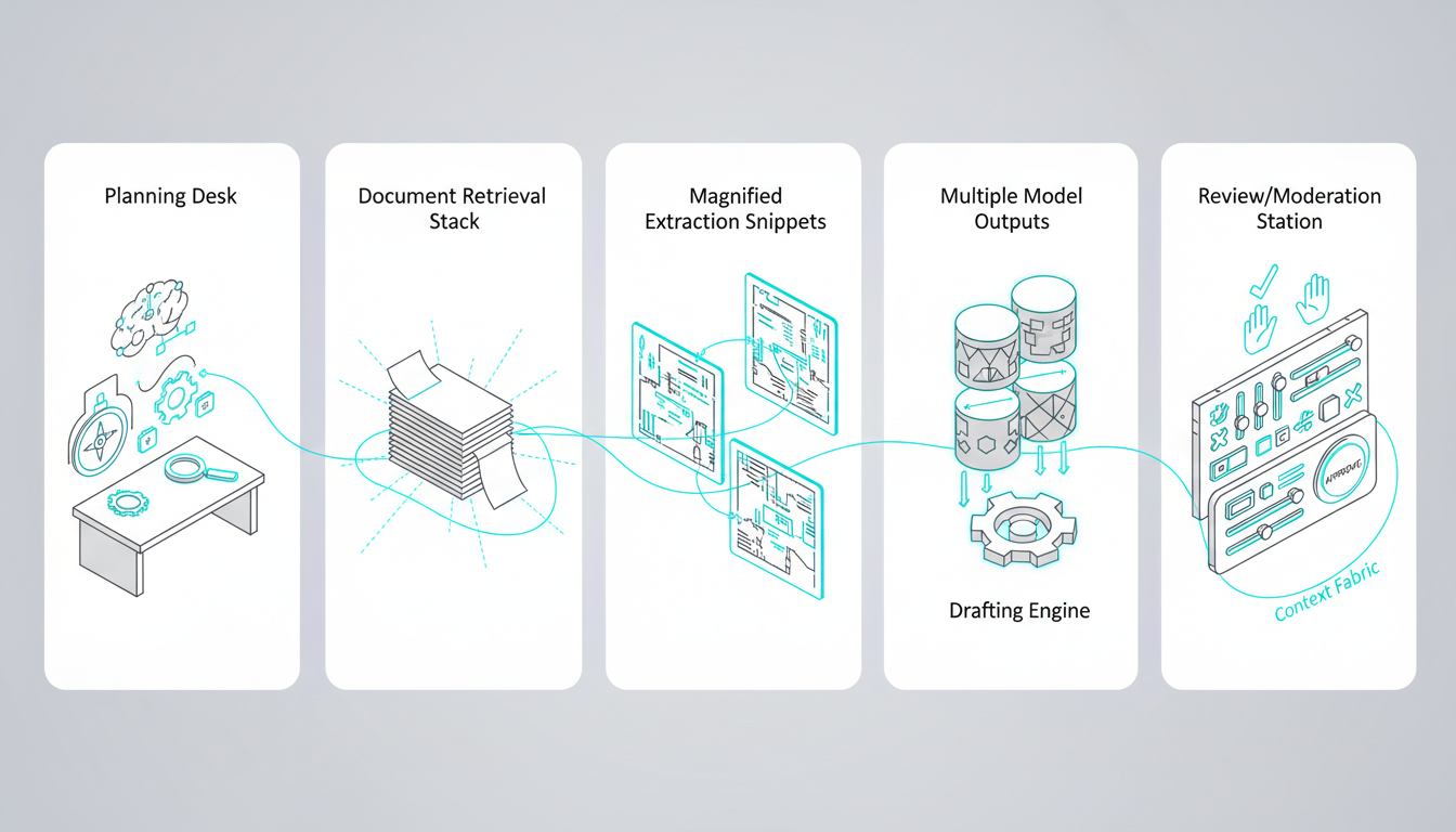 Isometric technical diagram visualizing orchestration modes mapped to workflows: five adjacent vertical panels representing t