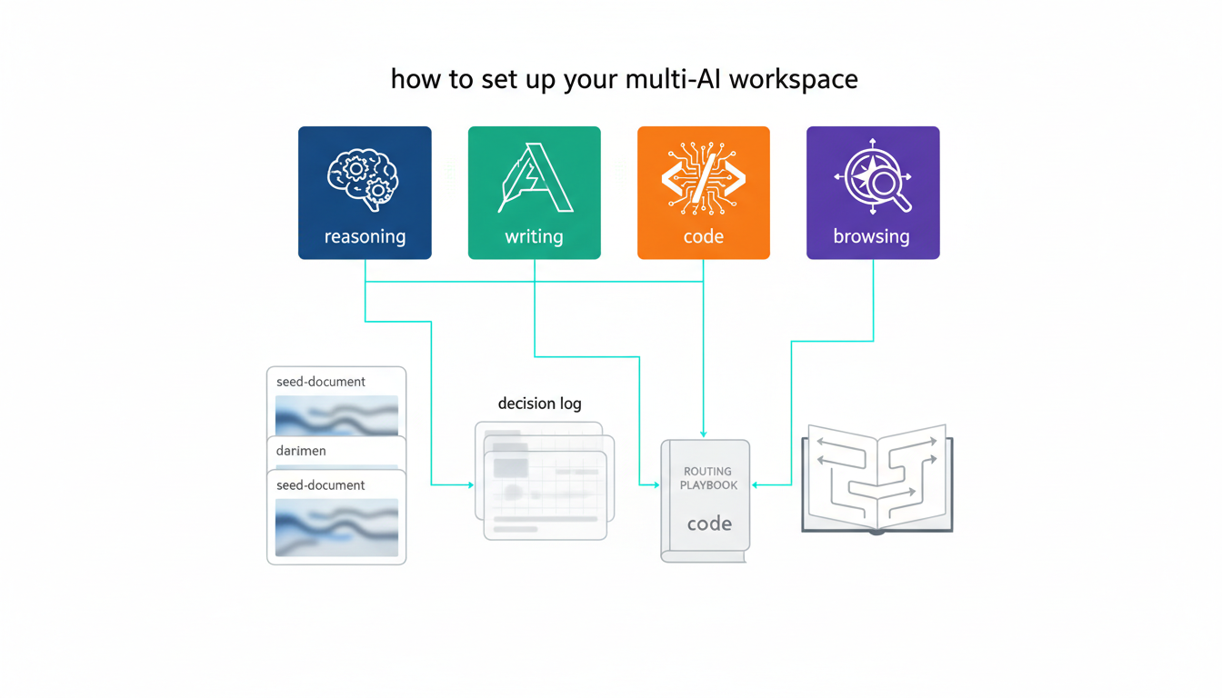 Workspace setup dashboard illustration showing 'how to set up your multi-AI workspace': a grid of model tiles with distinct p