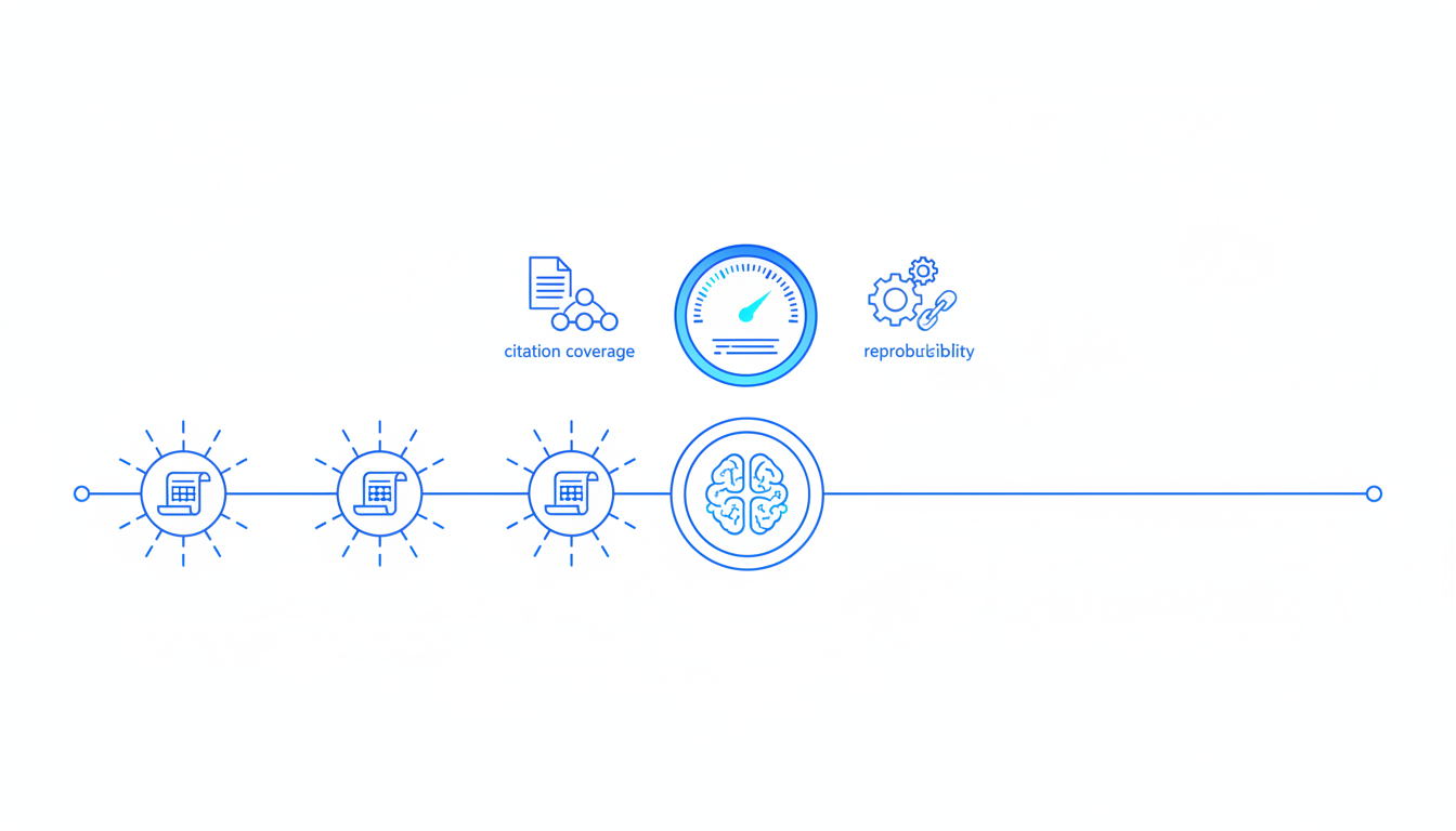 Conceptual visualization of measuring output quality: a horizontal audit timeline with source document nodes feeding into a c