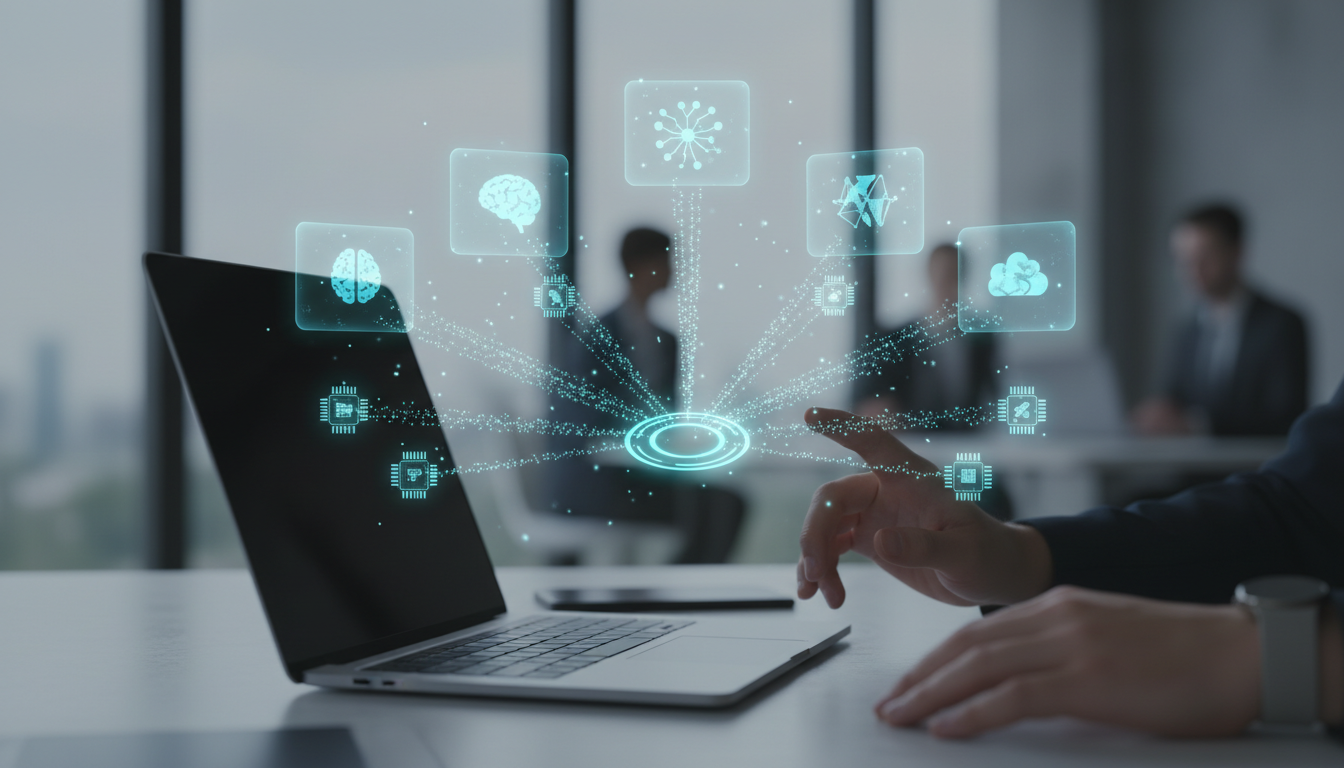 Core Capabilities visualization — Multi‑AI orchestration interface: Photorealistic composite of a blurred modern office in th