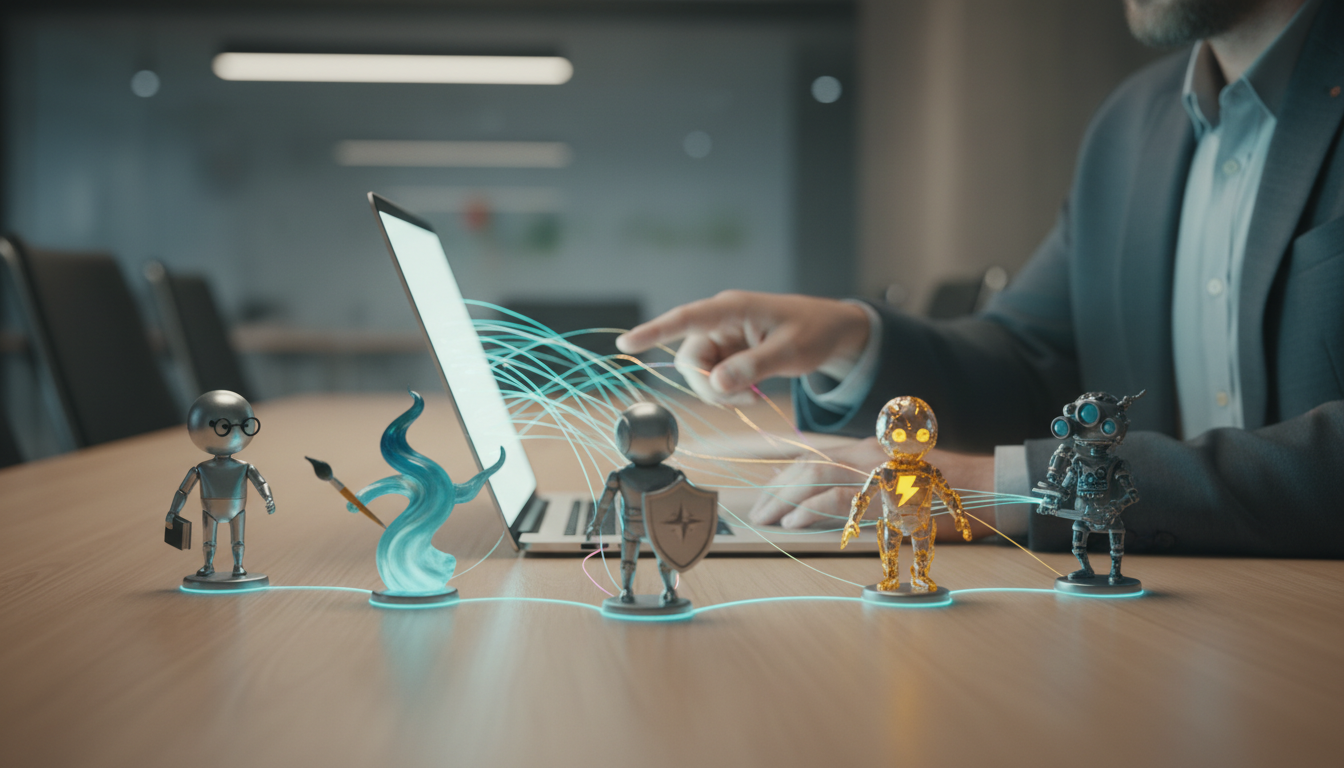 Building Your Specialized AI Team — Assembling complementary models: Photorealistic scene of a collaborative meeting table wi