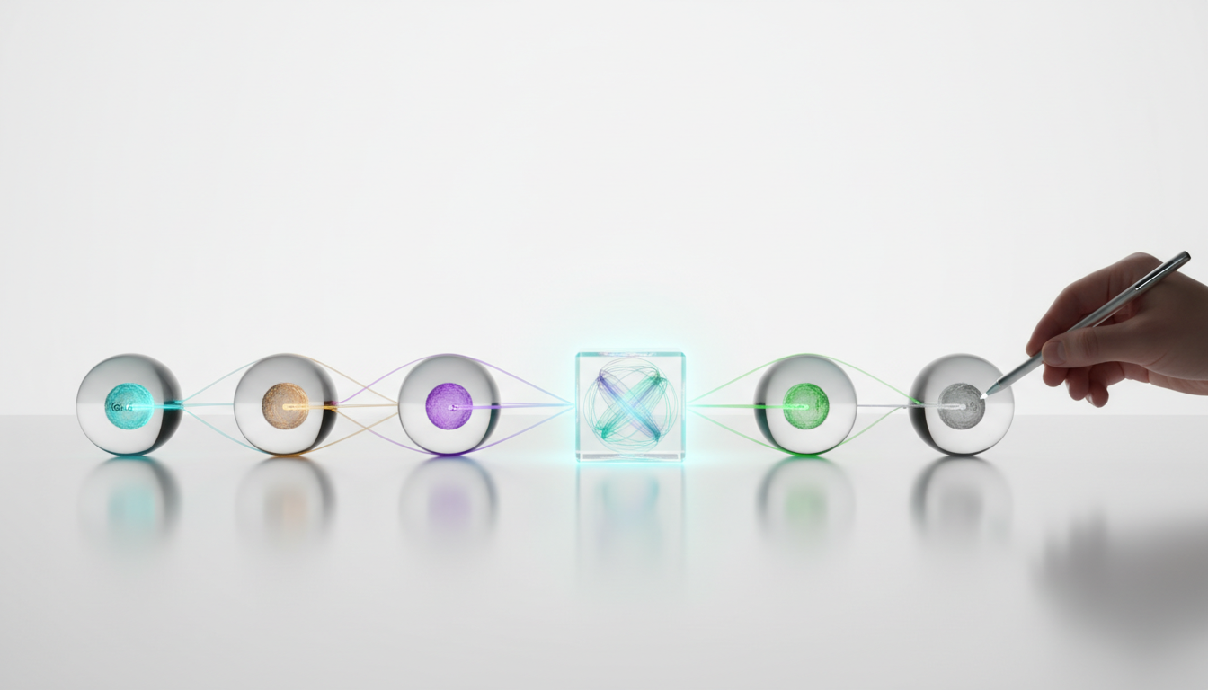 Orchestration and cross-verification conceptual photo: five small glass AI orbs lined horizontally on a white tabletop, each 