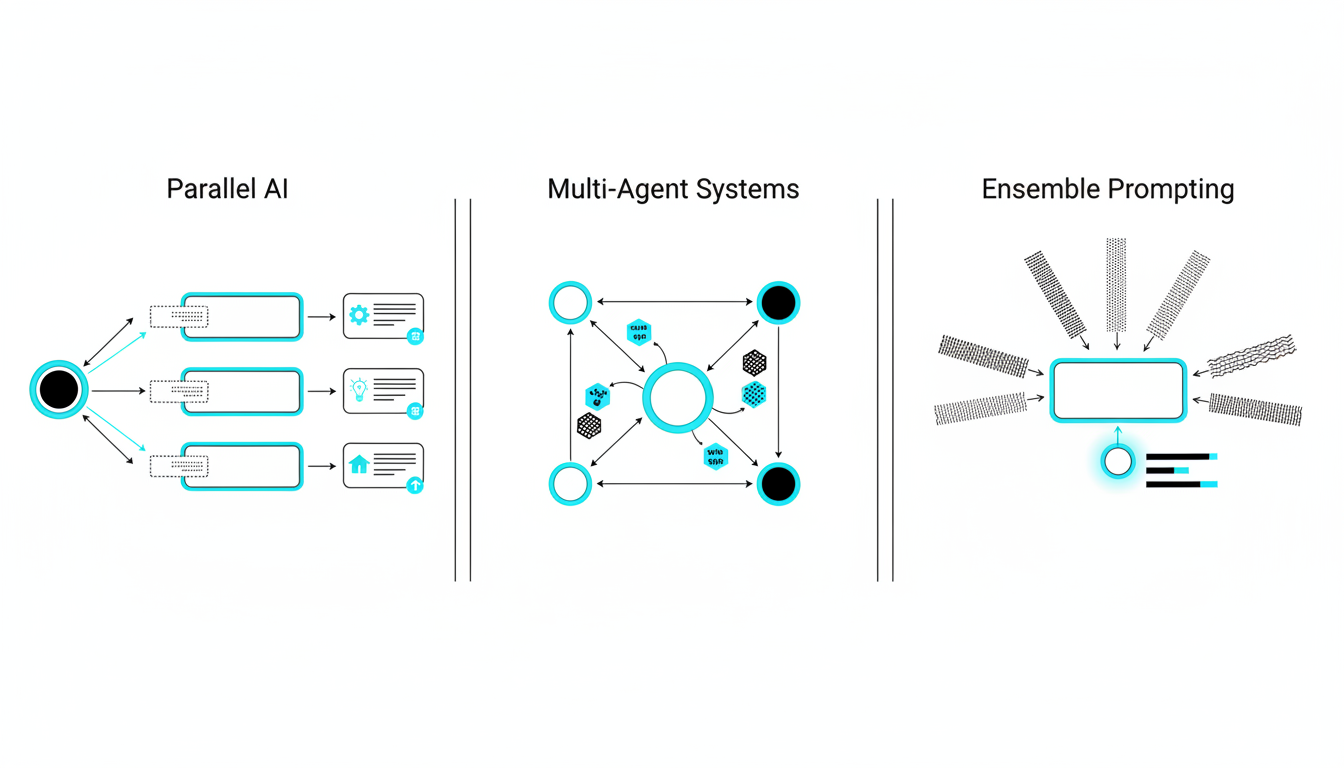 Triptych-style technical illustration with three visually distinct panels side-by-side (no separators or text), sharing the s